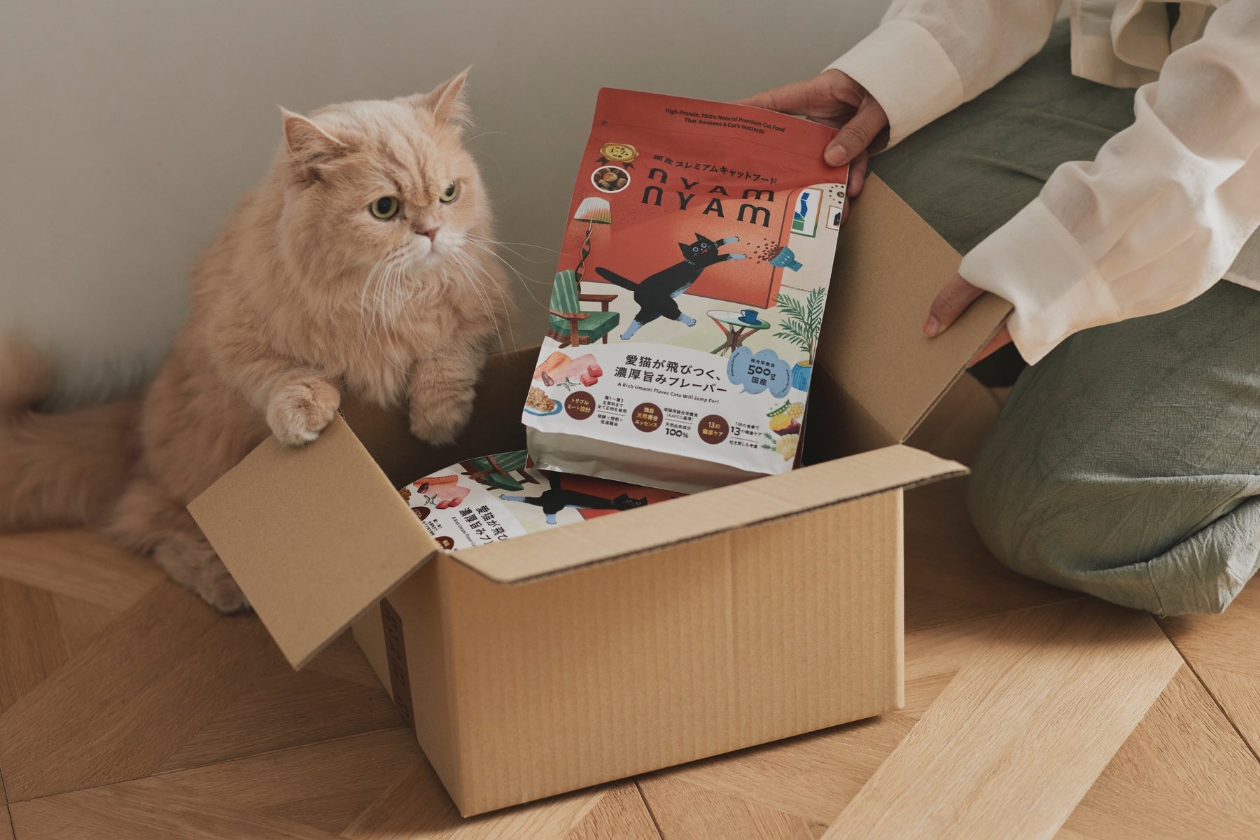 自宅に届いたダンボールから国産プレミアムキャットフード nyam nyam（ニャムニャム）500gパッケージを取り出す様子と、それを見つめる猫のギャラリー画像。